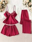 Conjunto de Pijama 3 Peças – Regata de Renda + Shorts + Calça